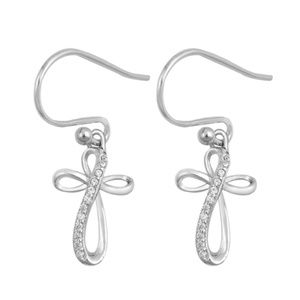 .925 Sterling Silver Clear CZ Cross Earrings